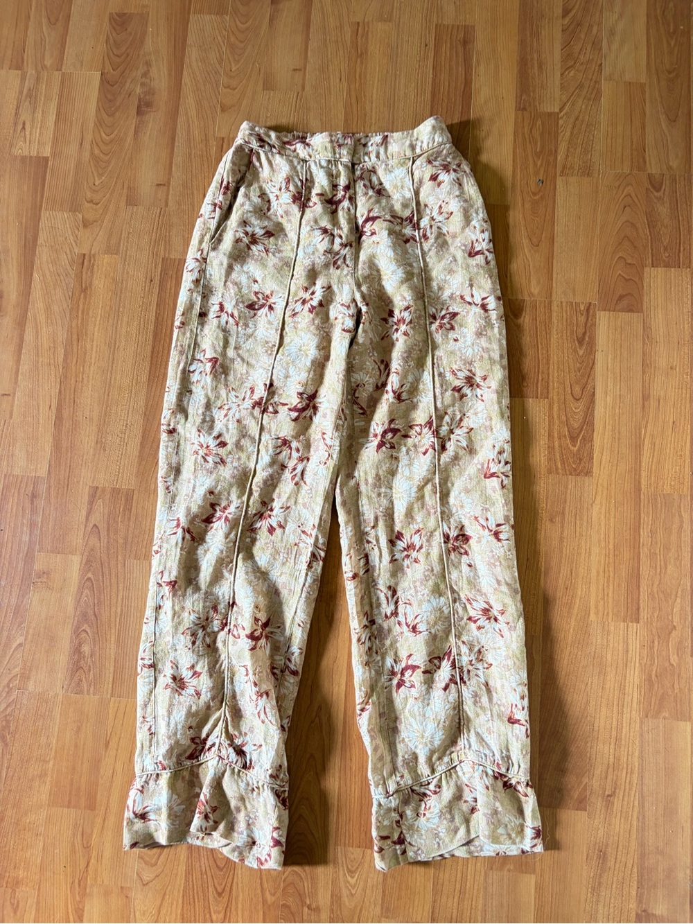 Dissh Linen Floral Wide-Leg Pants in Beige with Rust Accents Size 4